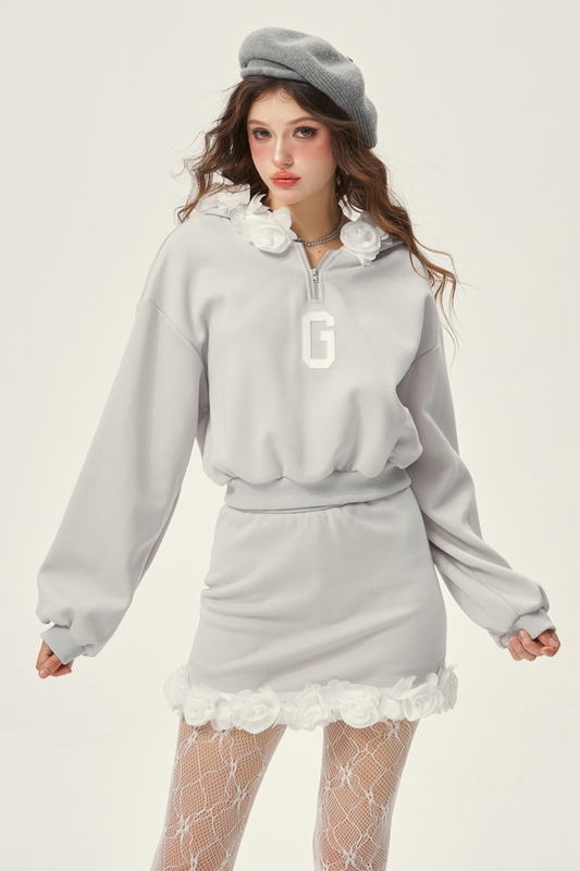 グレーカジュアルフード付きトップス+フリルタイトスカート