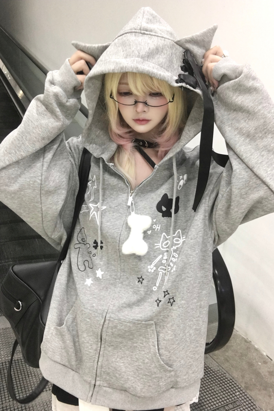 Cat Ear Illustration Design Hooded Hoodie