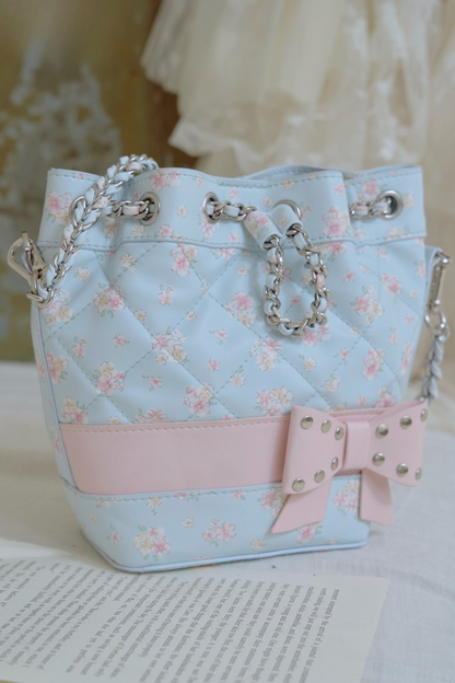 フローラルフラワーキルティングチェーンバケットバッグ