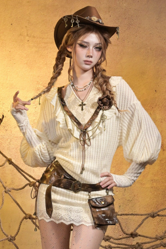 Punk Retro Knitted Top + Sleeveless Top + Belt + Brooch