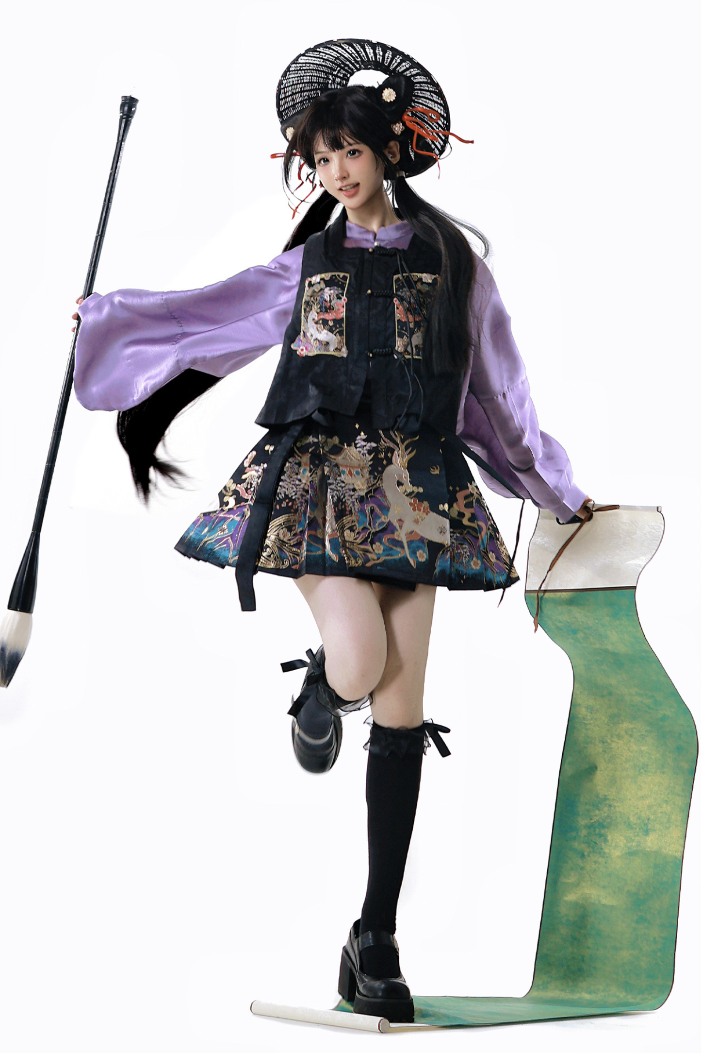 Dark china shirt + vest + skirt