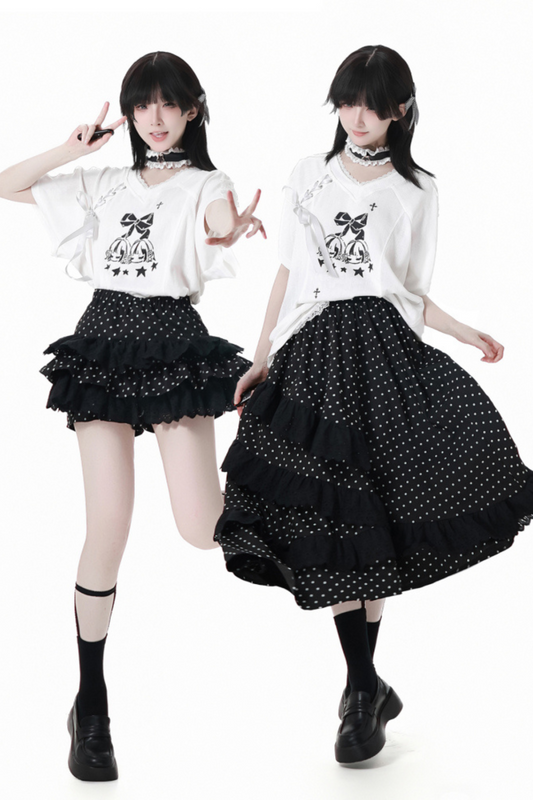 リボンルーズTシャツ+キュロット+アシメスカート