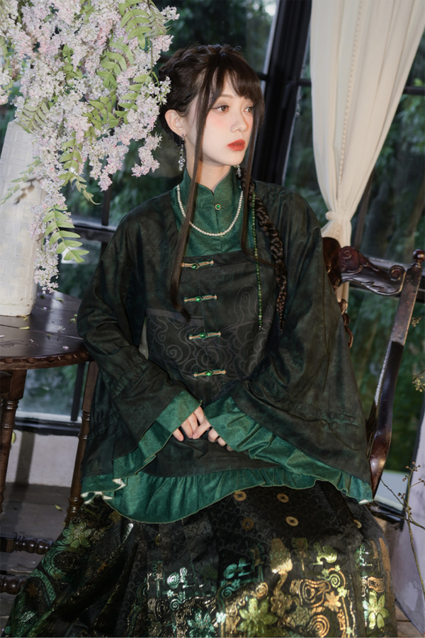 Dark China Flared Sleeve Top