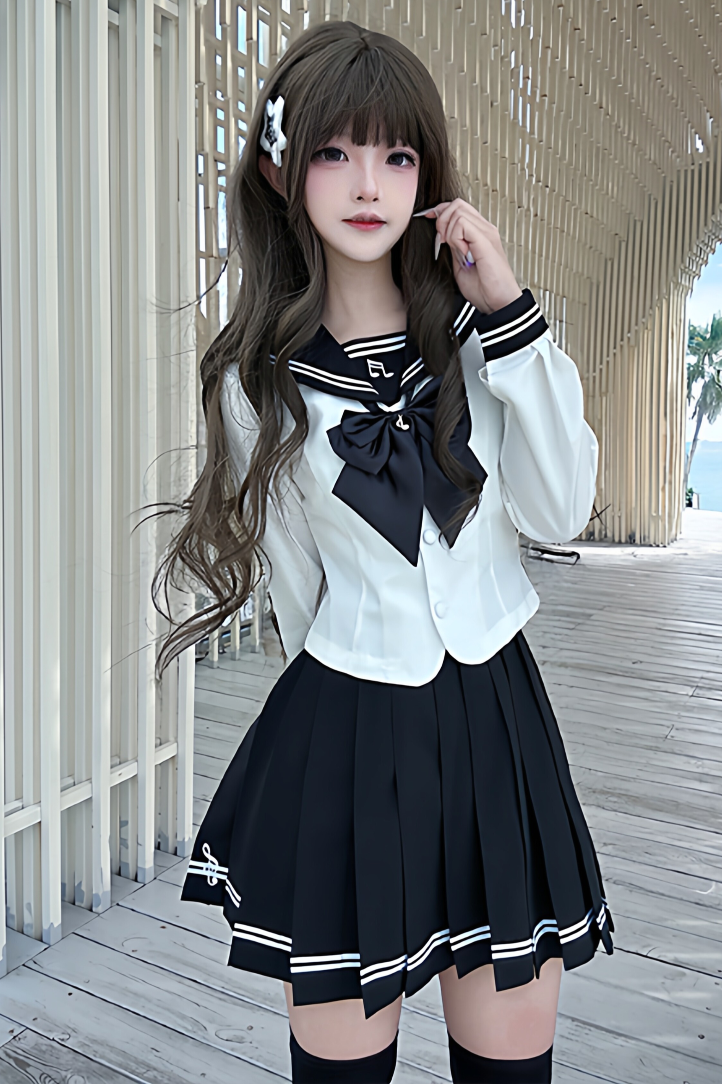 긴소매 세일러 탑 + 스커트 + 리본