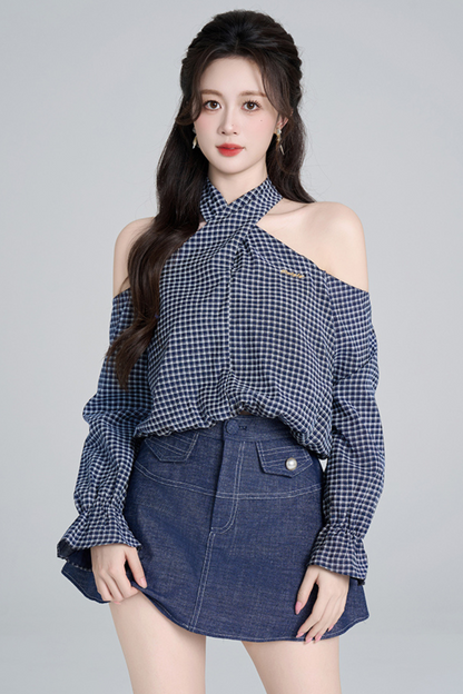 Chemise bustier à carreaux + jupe en jean