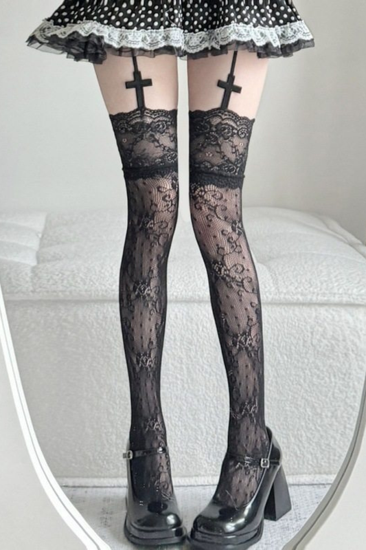 Cross Lace Fishnet Stockings