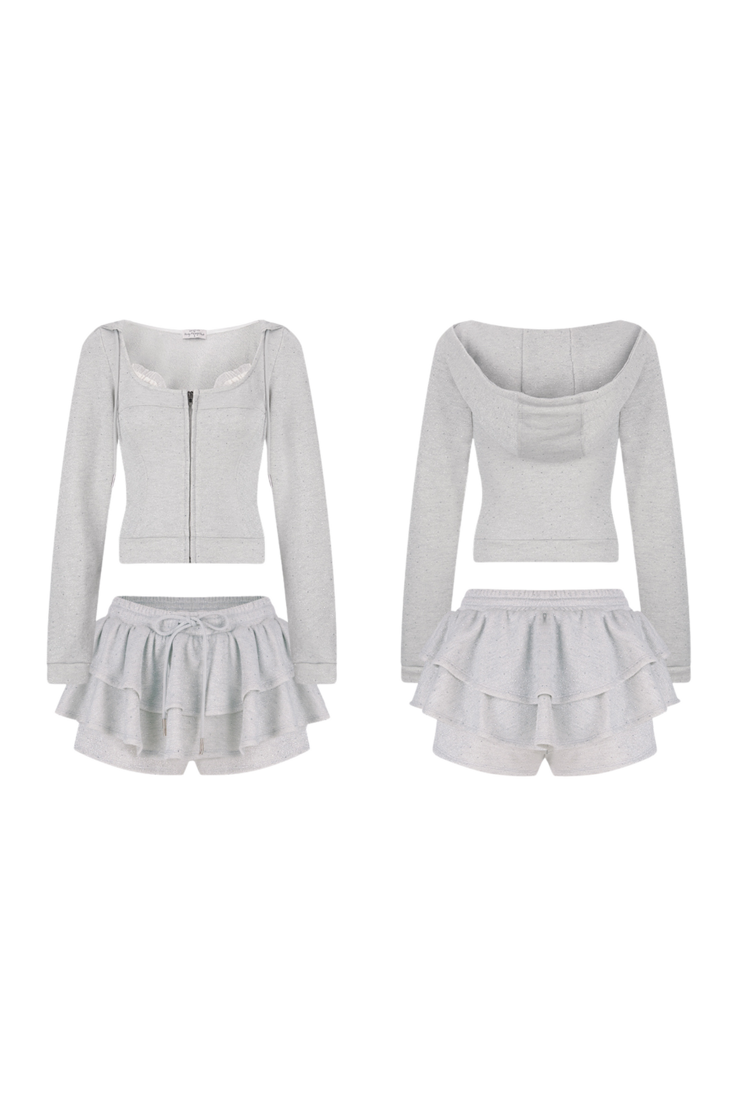 Rhinestone Hooded Parka + Ruffle Cake Pants Skirt