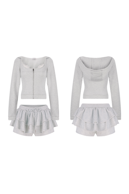 Rhinestone Hooded Parka + Ruffle Cake Pants Skirt