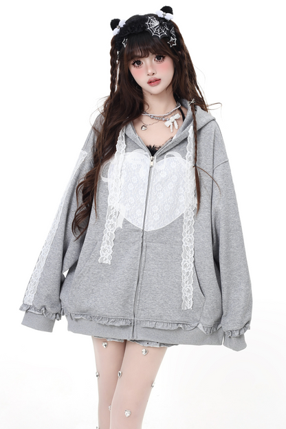 Lace Design Casual Sweet Hooded Hoodie