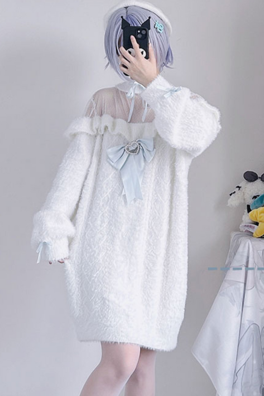 Sweet girly ribbon white aqua top