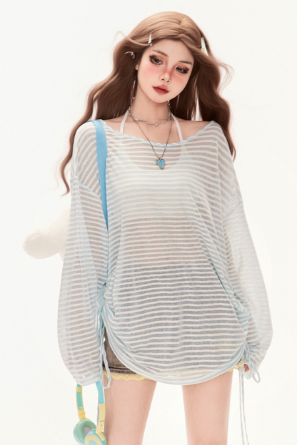 シアーデザインルーズオフショルトップス