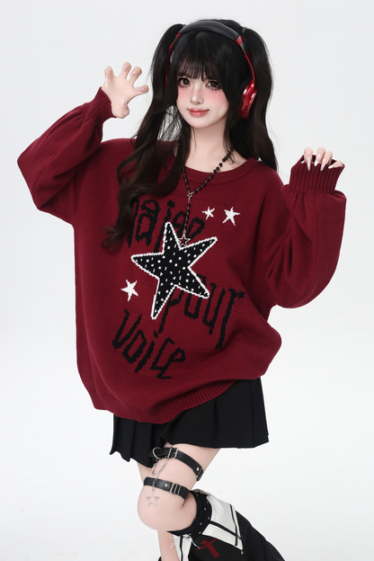 スターデザインルーズラウンドネックトップス