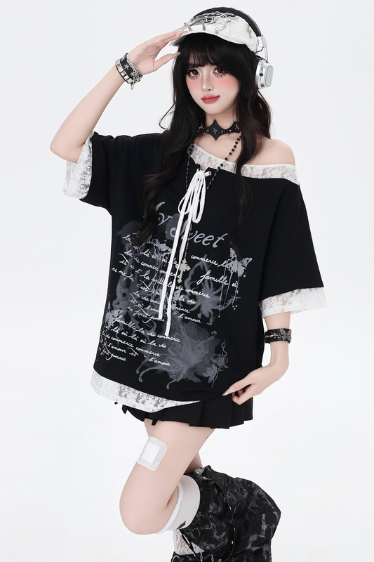 ダークブラックホワイトレースルーズTシャツ