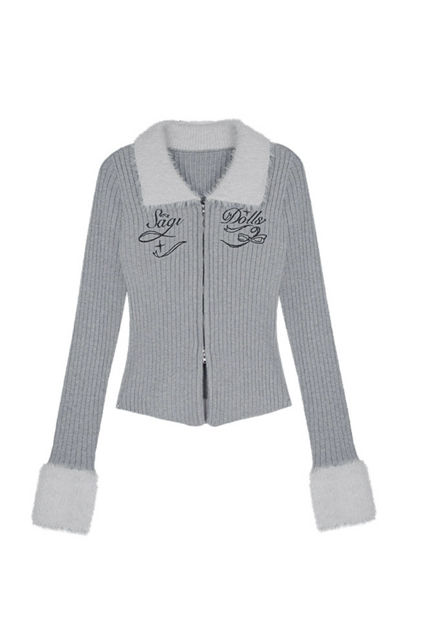 Fur Collar Ribbed Zip-Up Top