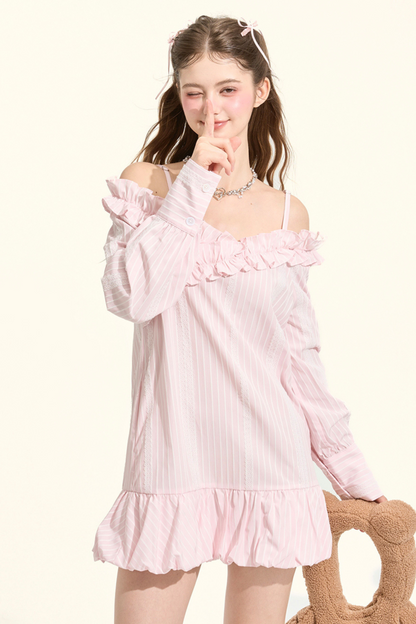 Pre-Fall Lace Striped Off-Shoulder Bubble Gown