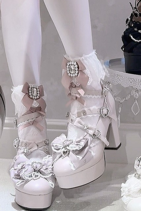 [Fecha límite de reserva 12 de diciembre] Zapatos de Tacón Alto Lolita con Gema, Perla y Lazo