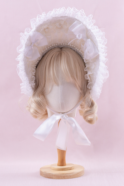 ホワイトレースブライダルスタイルボンネット+ヘアバンド+クリップ+スリーブ