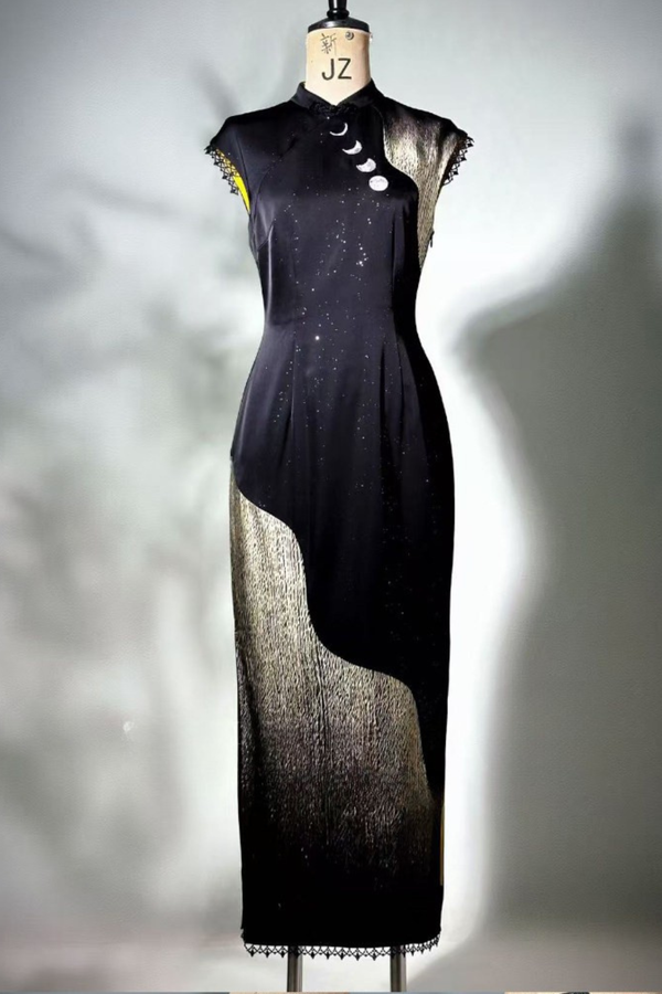 Dark Satin Moon Chinese-Style Bodycon Dress – Belchic
