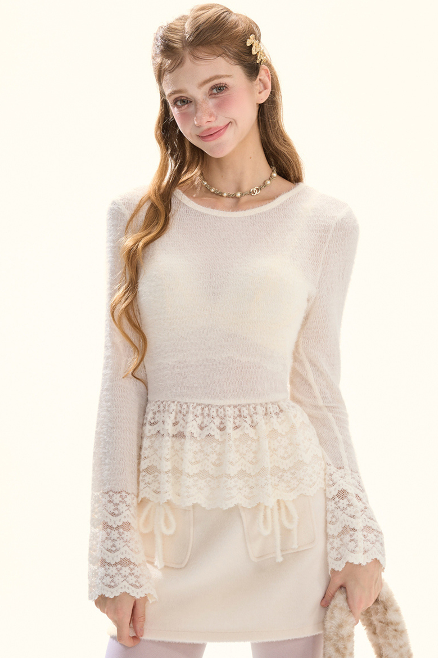 クラウドクリームレースニットトップス+インナー