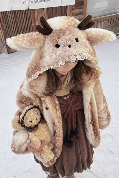 鹿柄フード付きホーンバックルファーコート