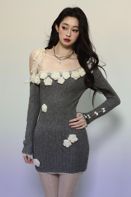 Wild Loose French Lace Flower Off-the-shoulder Dress