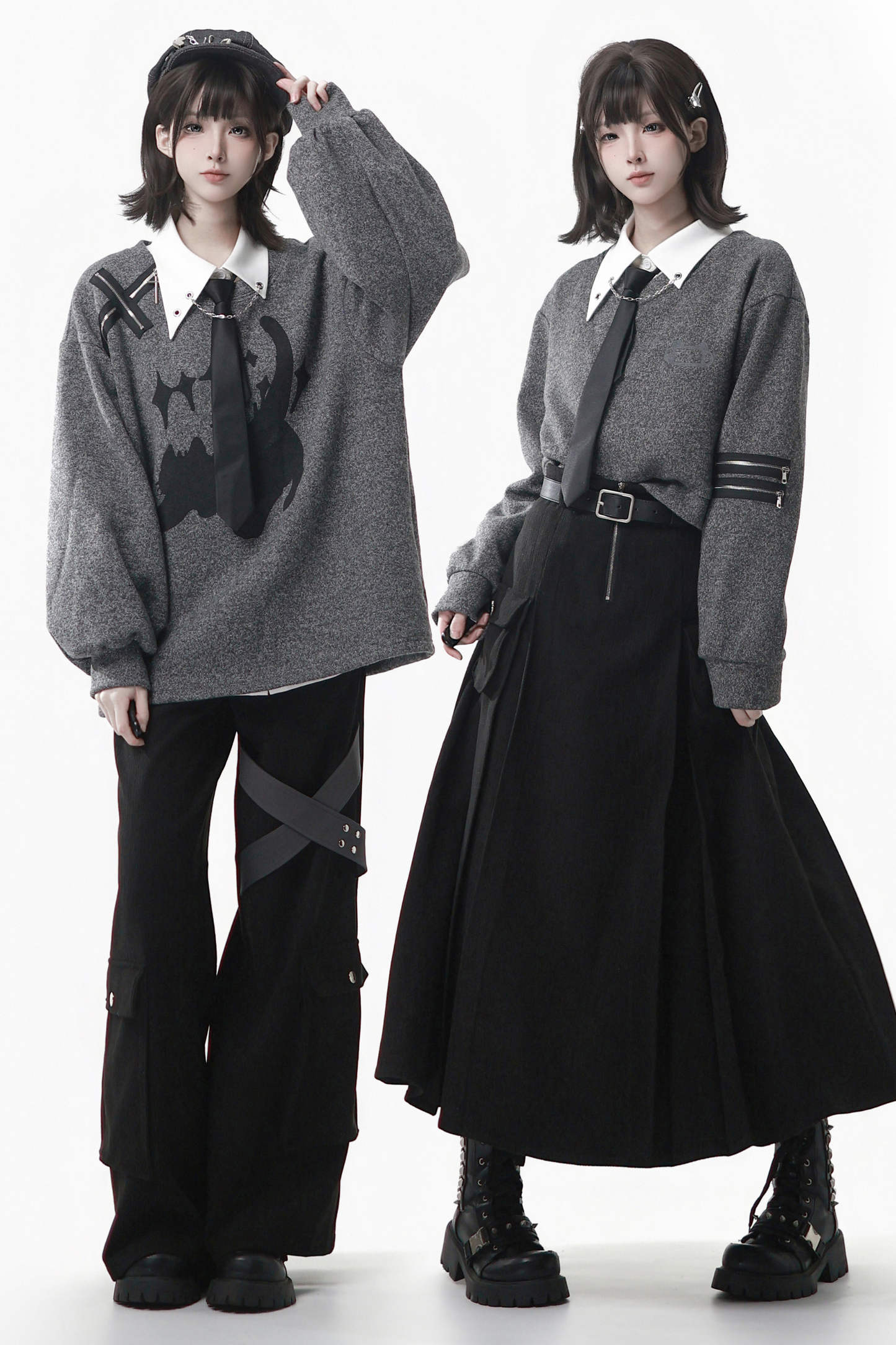 グレーウィンタープレッピーカレッジロングトップス+ショートトップス+スカート+パンツ+シャツ