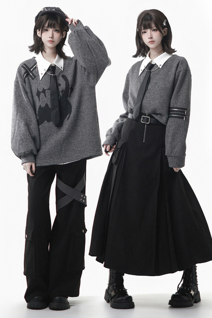 グレーウィンタープレッピーカレッジロングトップス+ショートトップス+スカート+パンツ+シャツ