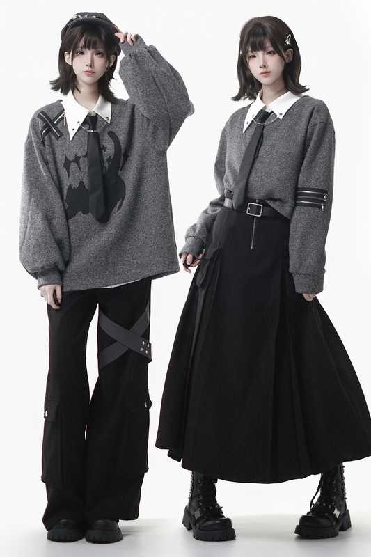 グレーウィンタープレッピーカレッジロングトップス+ショートトップス+スカート+パンツ+シャツ