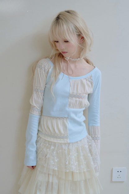 パッチワークデザインクルーネックトップス