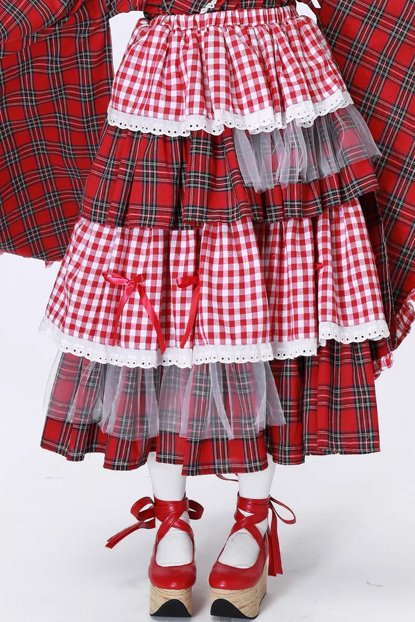 Retro Chic Red Checkered Kimono Skirt