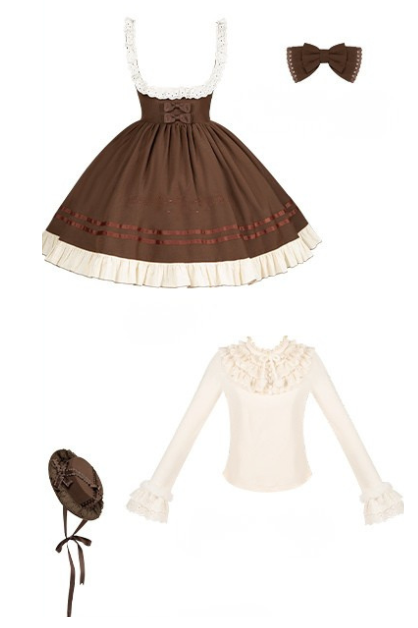 ツインフリルドールジャンパースカート+トップス+リボン+ハット