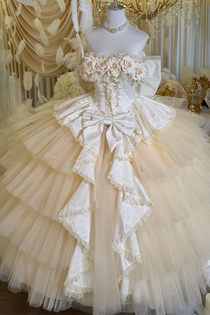 [예약상품] 4월 4일 예약마감]애프리콧 웨딩 로리타 원피스+숄+소매+리본 테일+베일