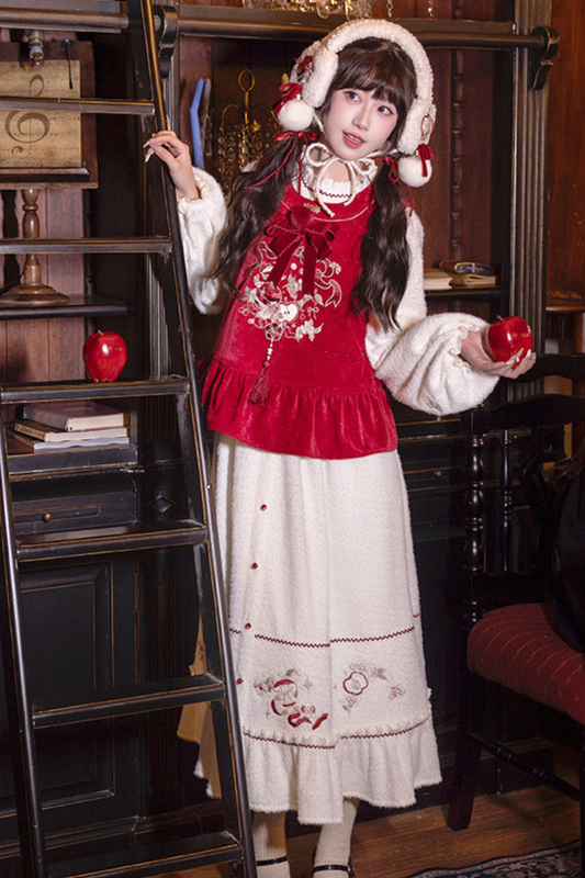 チャイナダークレッドベスト+ドレス+イヤーカフ