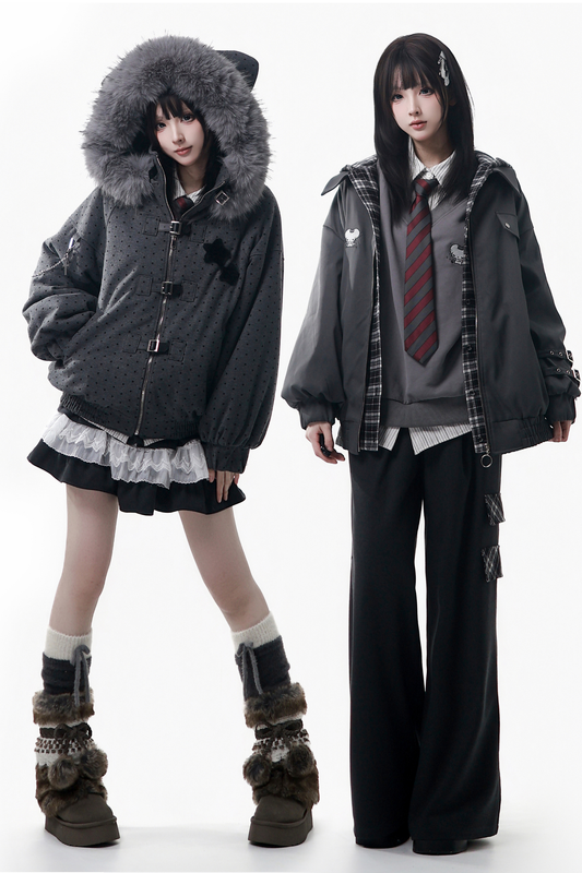 ビッグファーカラージャケット+トップス+スカート+パンツ+チェックフードジャケット