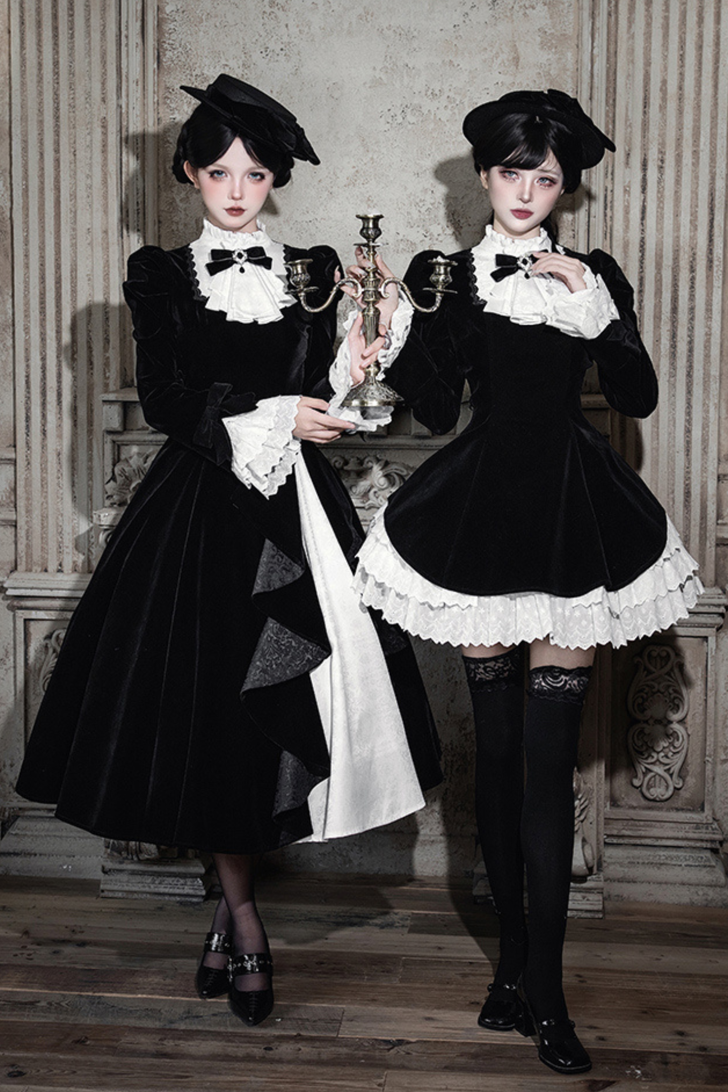 エレガントスリムコントラストカラーツインドレス+カラー+リボン+ブローチ+ハット