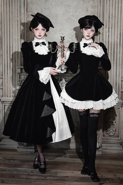 エレガントスリムコントラストカラーツインドレス+カラー+リボン+ブローチ+ハット