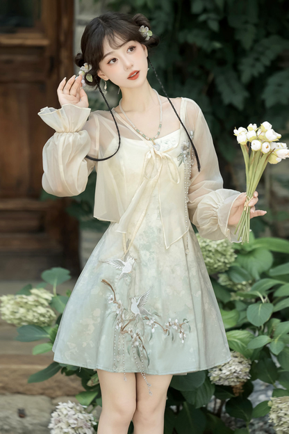 China Gradient Flower Retro Dress + Sheer Cardigan