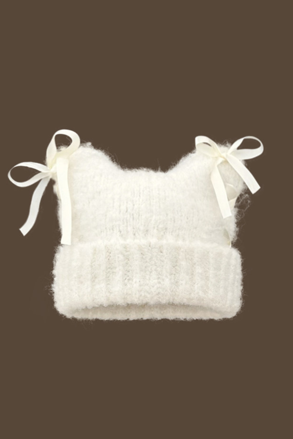 Plush Bow Ribbon Knit Hat