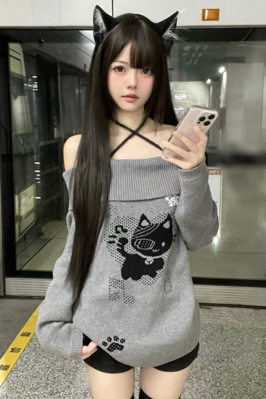 キャットデザインオフショルダートップス