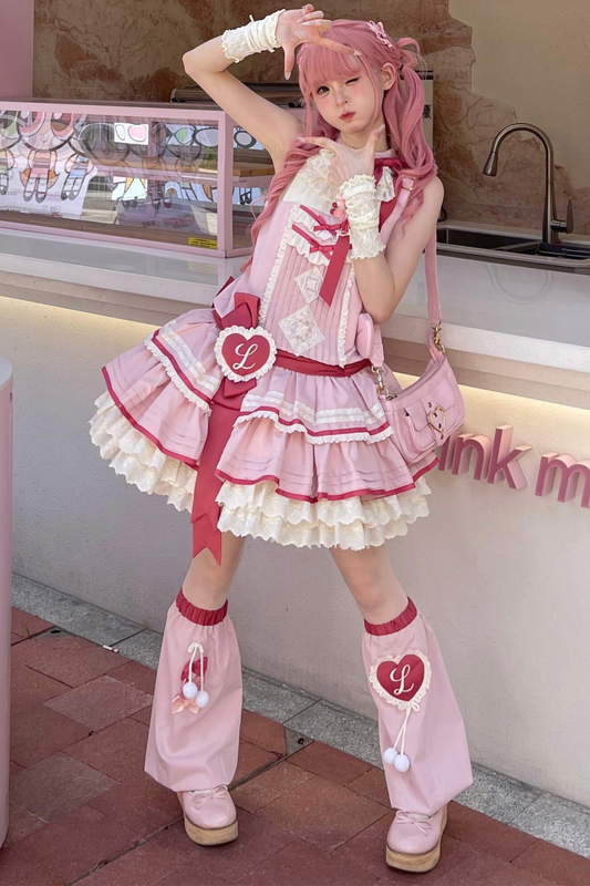 스칼렛 하트비트 민소매 드레스 + 슬리브 + 헤어밴드 + 레그워머