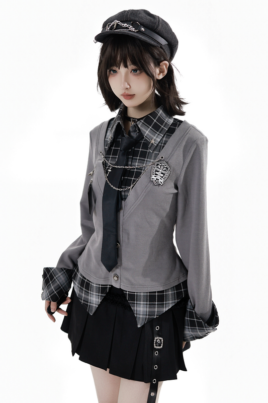 カレッジロールアップシャツ+スカート+ネクタイ