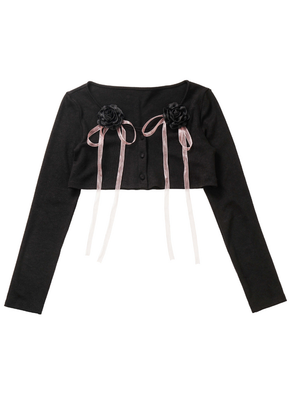 フラワーリボンピンクブラックサスペンダースカートセットアップ