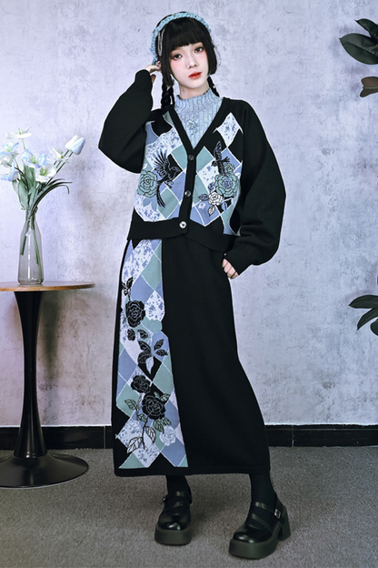 Argyle Flower Cardigan + Asymmetrical Skirt