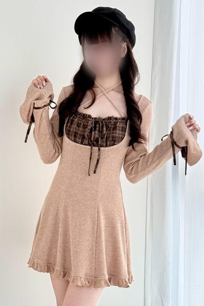 チェックフレアニットワンピース