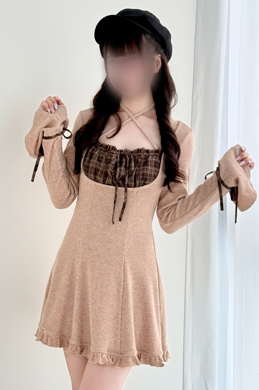 チェックフレアニットワンピース