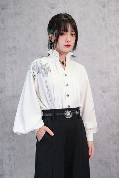 レーススタンドカラーホワイトシャツ