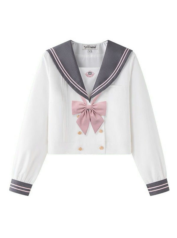 Double-breasted sailor top with ribbon + pleated line skirt