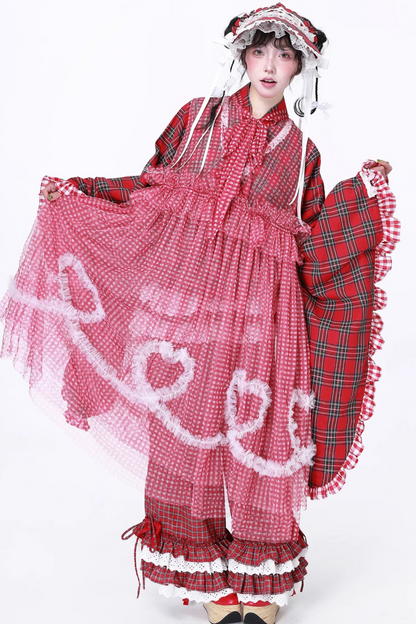 Retro Heart Mesh Plaid Skirt