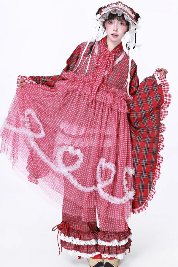 Retro Heart Mesh Plaid Skirt