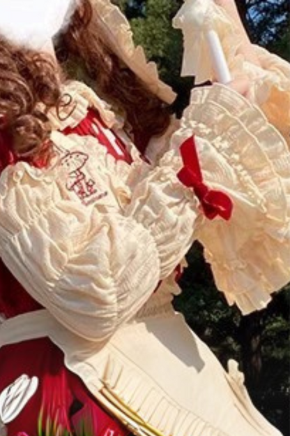 キノコドールワンピース+リボンフリルエプロン+フリルスリーブ+うさ耳ハット